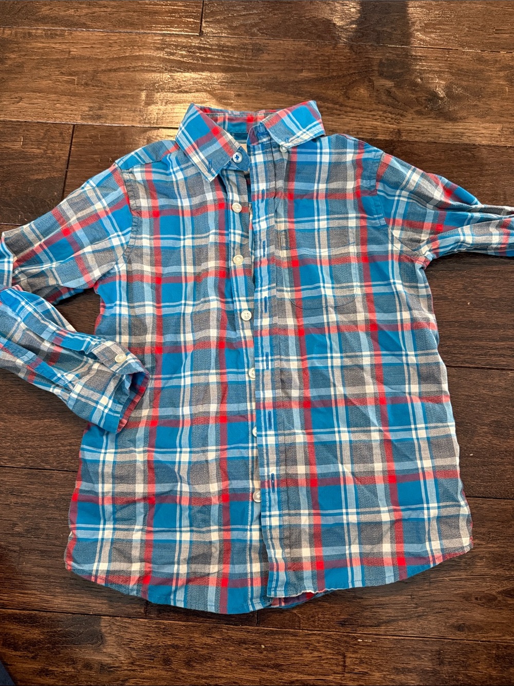 Lands' End Boy’s Blue and Red Plaid Button-Down Shirt